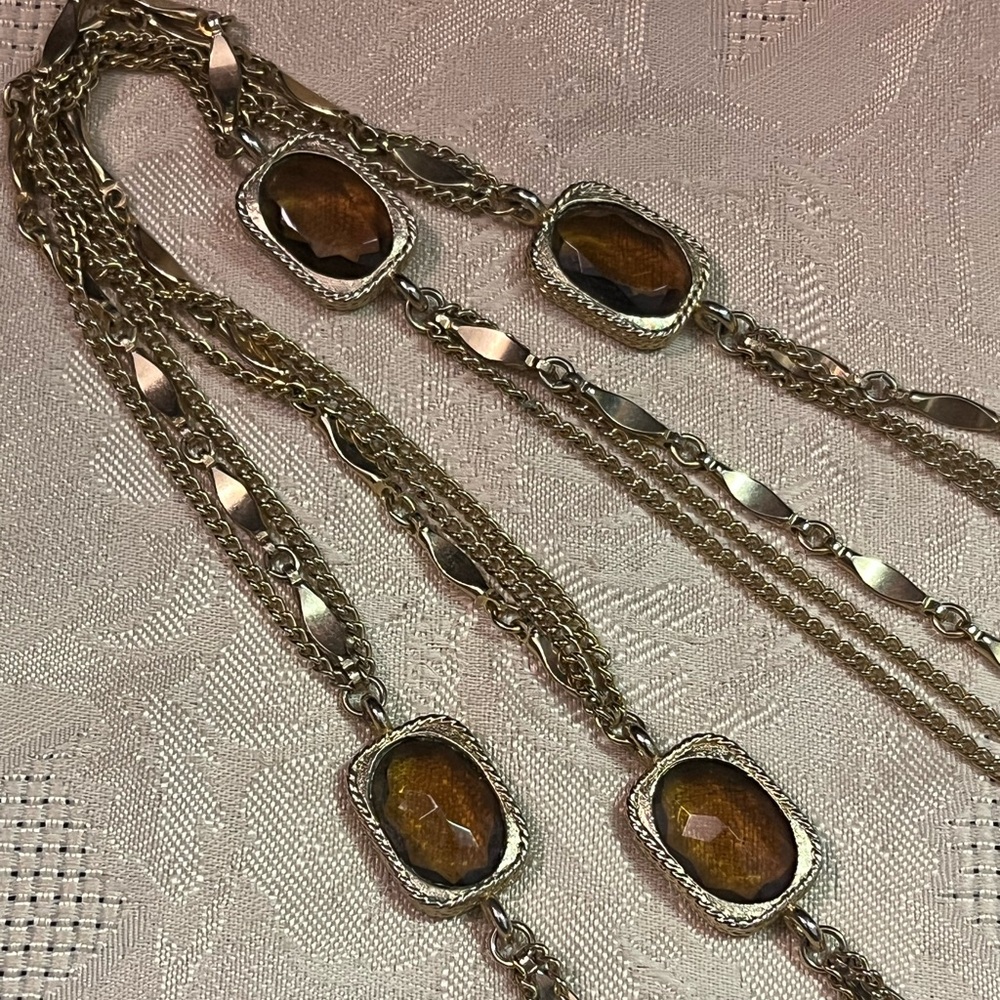 VTG Sarah Coventry Signed 52” Amber Glass Gold Tone Metal Costume Necklace - Picture 2 of 5